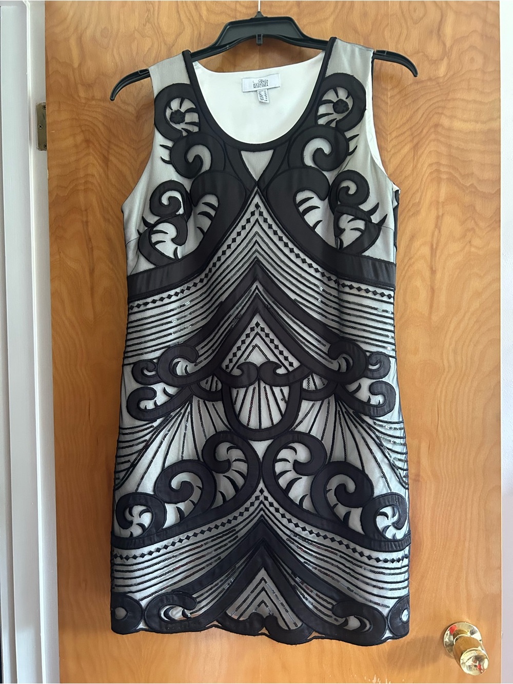 Sleeveless Black Appliqué Mini Dress with Cream Underlay